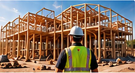 Contractor in a safety vest at a wood-frame build site