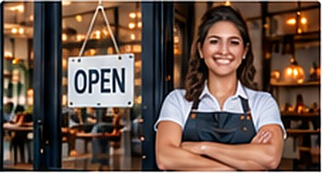 Smiling shop owner at her door with an Open sign