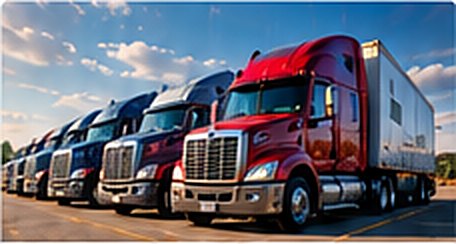 Row of semi trucks parked at a terminal